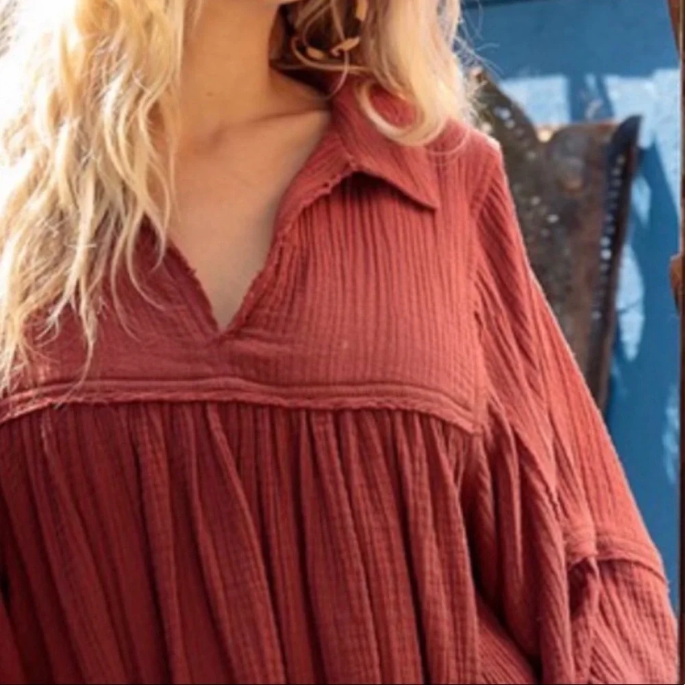 Ces Femme Burnt Orange Gauze Peasant Blouse - Picture 13 of 14